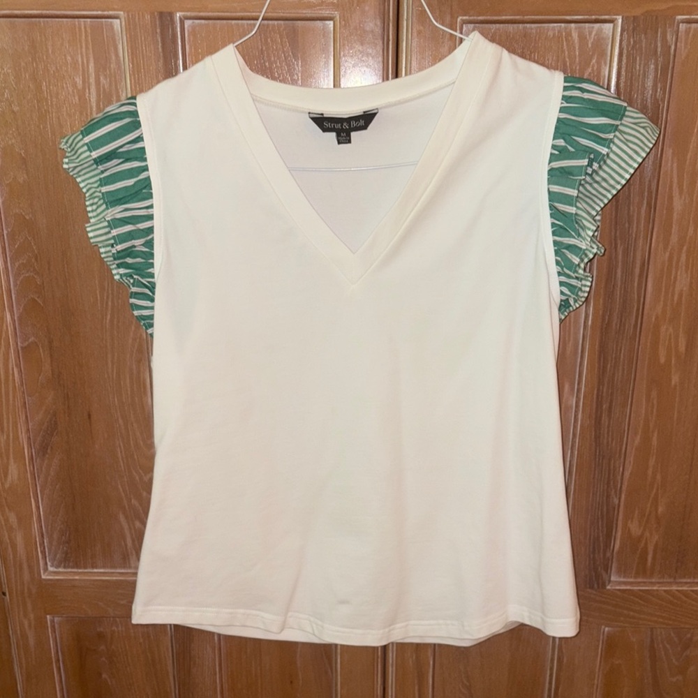 White and Green Ruffle Sleeve Top by